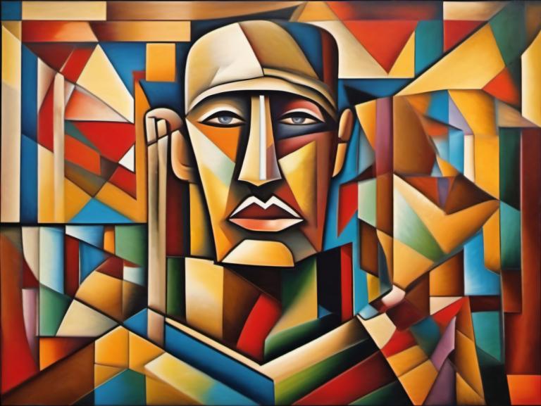 Cubism,Cubism, People, man, male focus, 1boy, solo, clown, multicolored clothes, looking at viewer