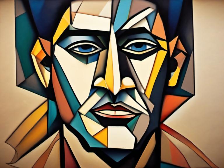 Cubism,Cubism, People, man, 1boy, blue eyes, solo, male focus, open mouth, looking at viewer, facial hair