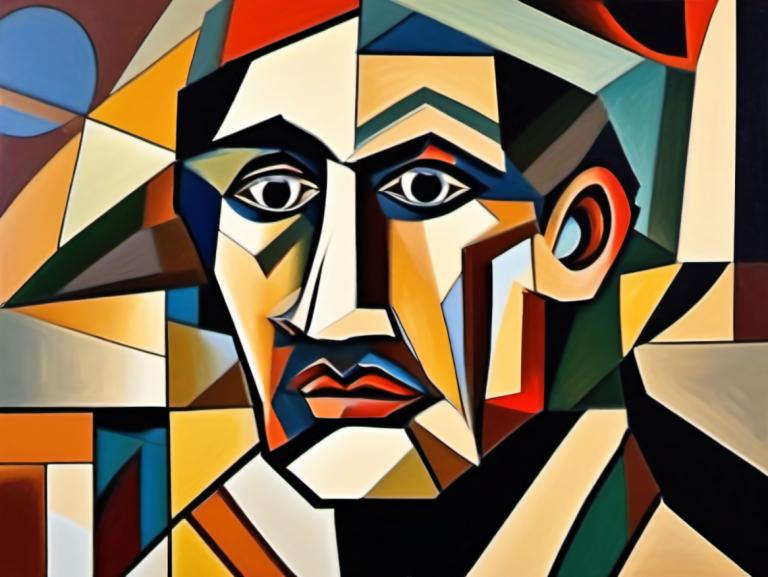 Cubism,Cubism, People, man, mecha, robot, no humans, style parody, solo, looking at viewer, black eyes