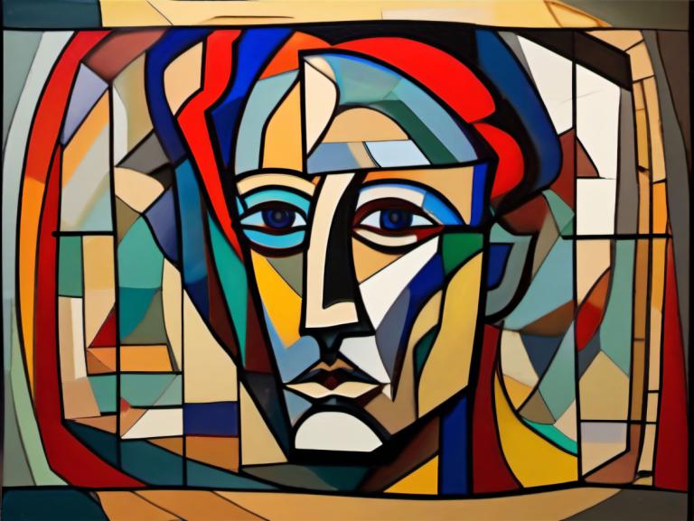 Cubism,Cubism, People, man, stained glass, solo, parody, style parody, looking at viewer, blue eyes