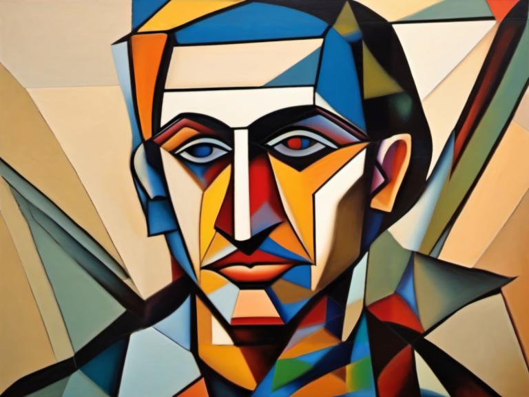 Cubism,Cubism, People, man, mecha, robot, solo, no humans, looking at viewer, parody, red eyes, portrait