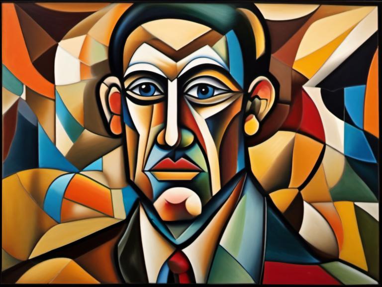 Cubism,Cubism, People, man, 1boy, male focus, solo, necktie, formal, suit, blue eyes, red necktie