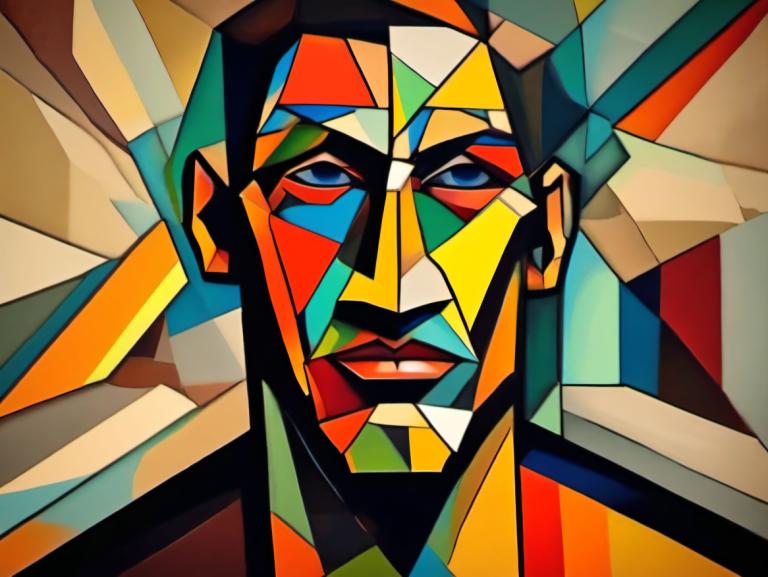 Cubism,Cubism, People, man, mecha, robot, no humans, solo, super robot, looking at viewer, blue eyes