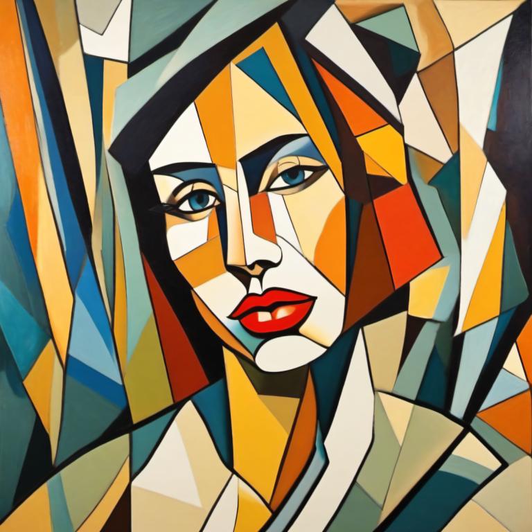 Cubism,Cubism, People, woman, solo, blue eyes, makeup, red lips, looking at viewer, lipstick, 1girl, portrait