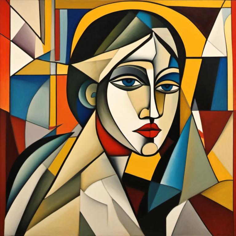 Cubism,Cubism, People, woman, solo, blue eyes, makeup, looking at viewer, robot, no humans, lipstick, mecha