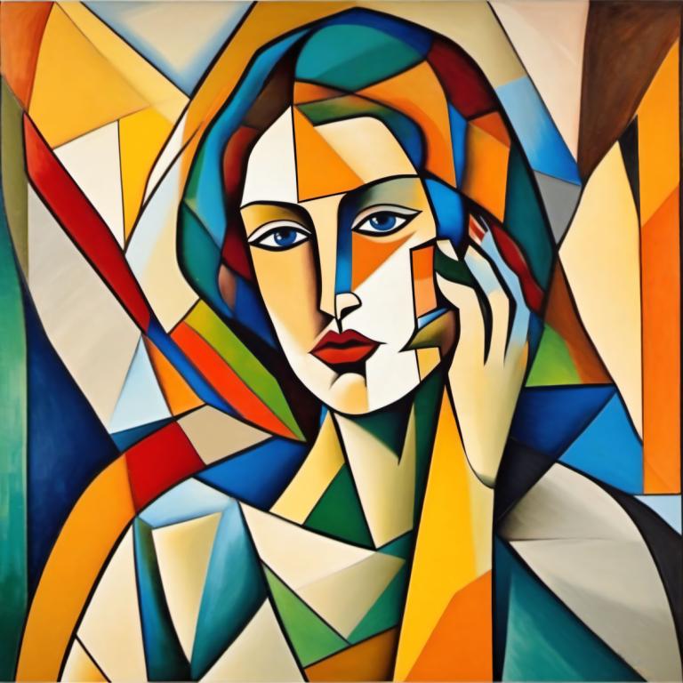 Cubism,Cubism, People, woman, solo, blue eyes, hand on own face, looking at viewer, robot, 1girl, lipstick