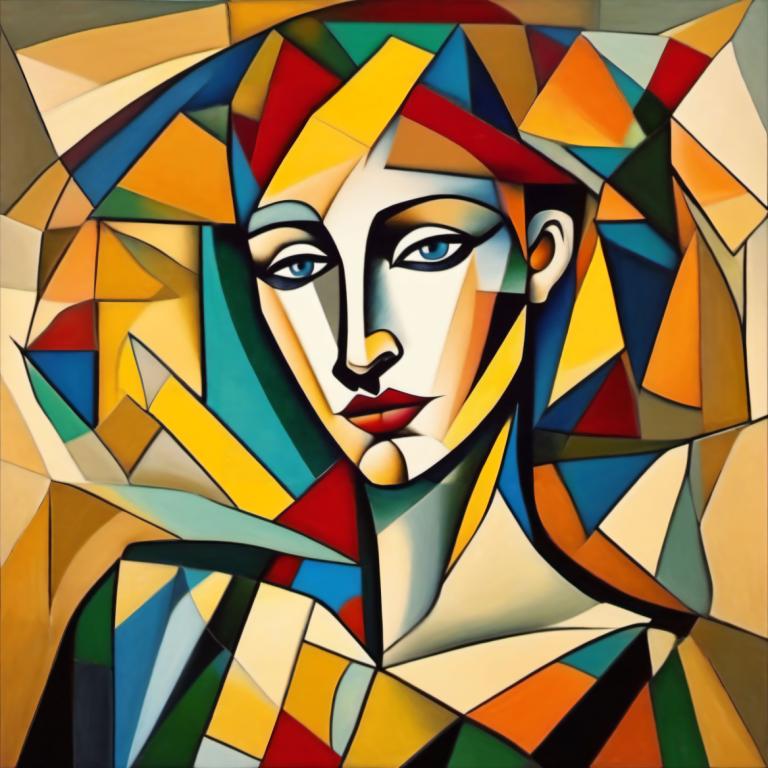 Cubism,Cubism, People, woman, solo, blue eyes, clown, makeup, multicolored clothes, looking at viewer