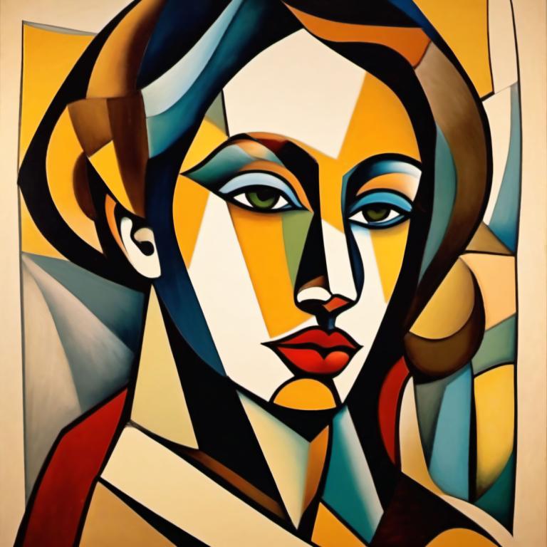 Cubism,Cubism, People, woman, solo, makeup, green eyes, lipstick, portrait, looking at viewer, 1girl, robot