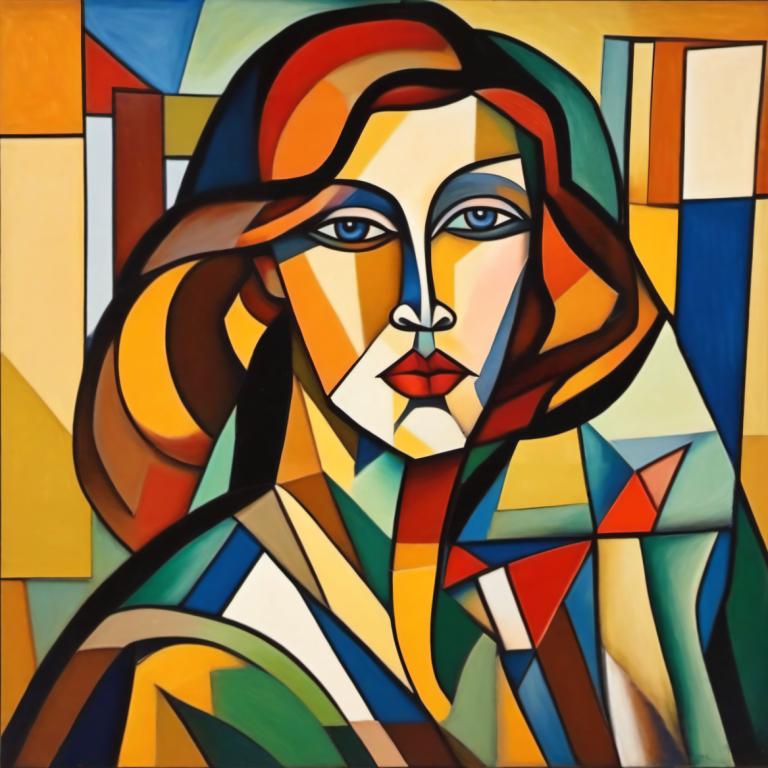 Cubism,Cubism, People, woman, solo, blue eyes, clown, 1girl, looking at viewer, makeup, upper body, parody