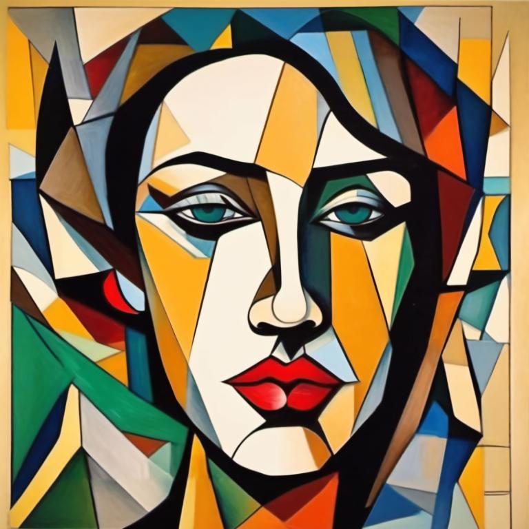 Cubism,Cubism, People, woman, solo, no humans, makeup, style parody, lipstick, green eyes, traditional media