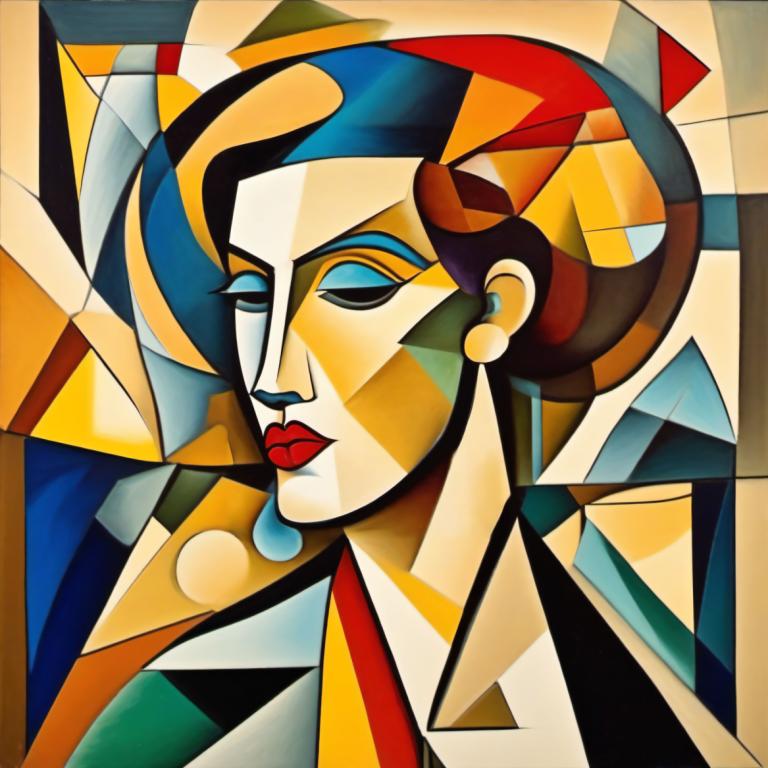 Cubism,Cubism, People, woman, solo, makeup, lipstick, clown, no humans, robot, blue eyes