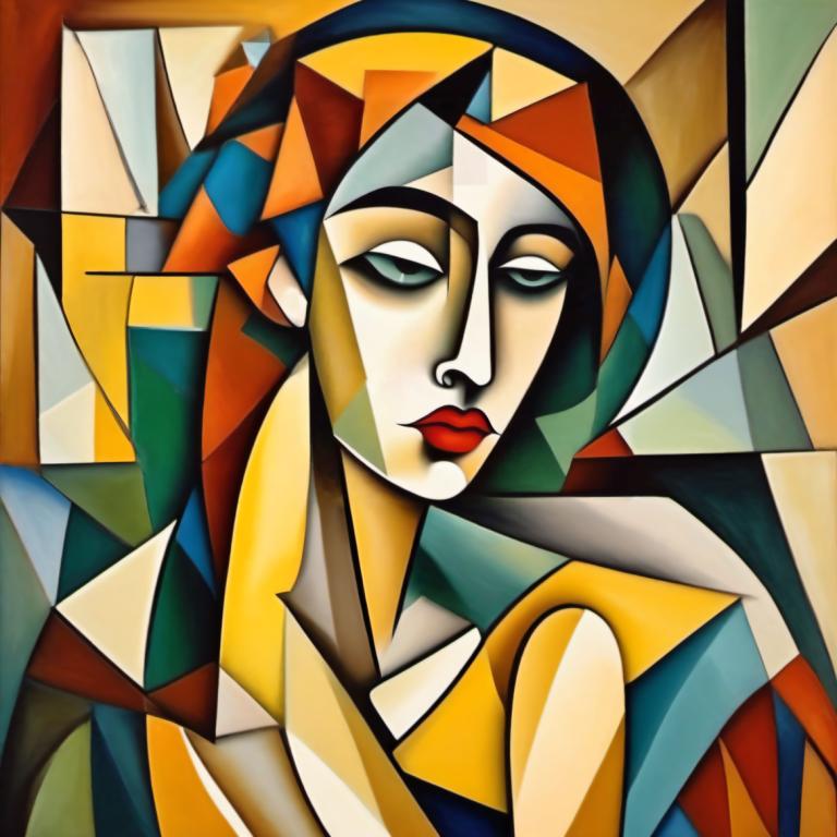 Cubism,Cubism, People, woman, solo, makeup, looking at viewer, clown, lipstick, red lips, closed mouth, lips