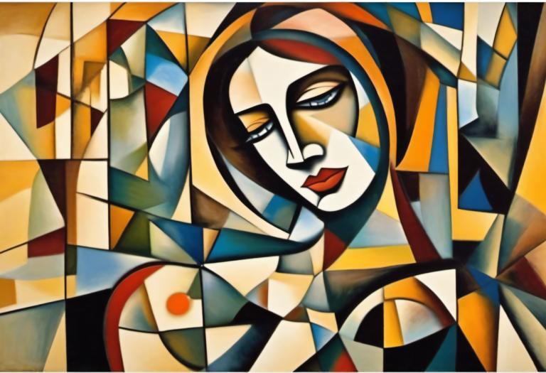 Cubism,Cubism, People, woman, solo, blue eyes, makeup, looking at viewer, half-closed eyes, traditional media