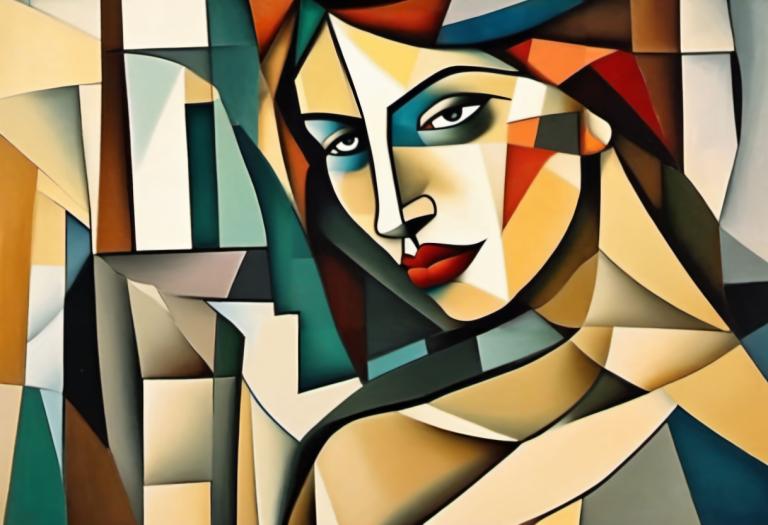 Cubism,Cubism, People, woman, solo, clown, makeup, facepaint, lipstick, looking at viewer, black eyes