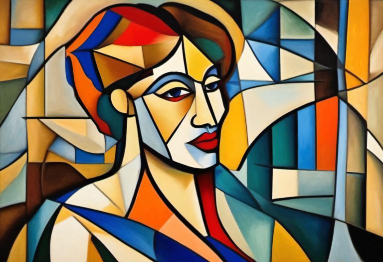 Cubism,Cubism, People, woman, solo, makeup, style parody, looking at viewer, lipstick, clown, parody