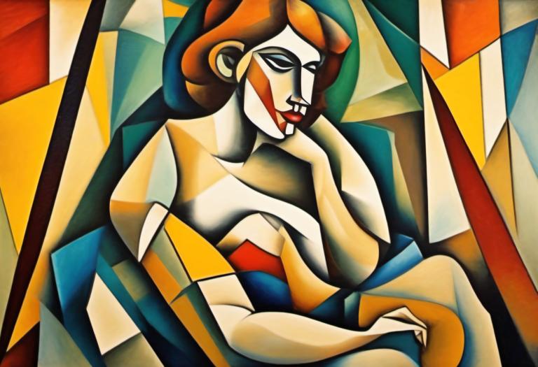 Cubism,Cubism, People, woman, solo, male focus, 1boy, clown, sitting, brown hair, makeup