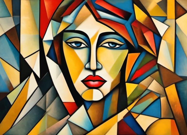 Cubism,Cubism, People, woman, solo, makeup, blue eyes, looking at viewer, traditional media, lipstick