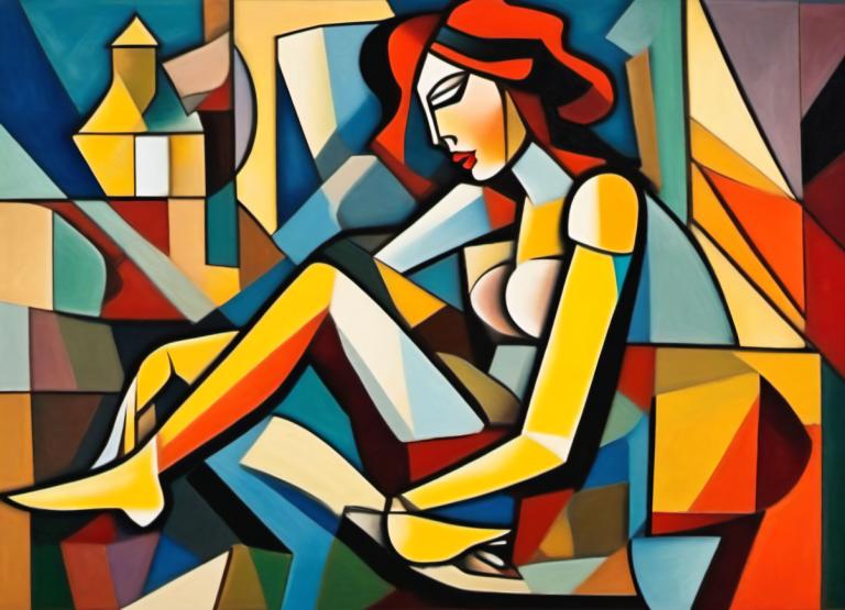 Cubism,Cubism, People, woman, 1girl, solo, breasts, red hair, sitting, lipstick, makeup, cleavage, long hair