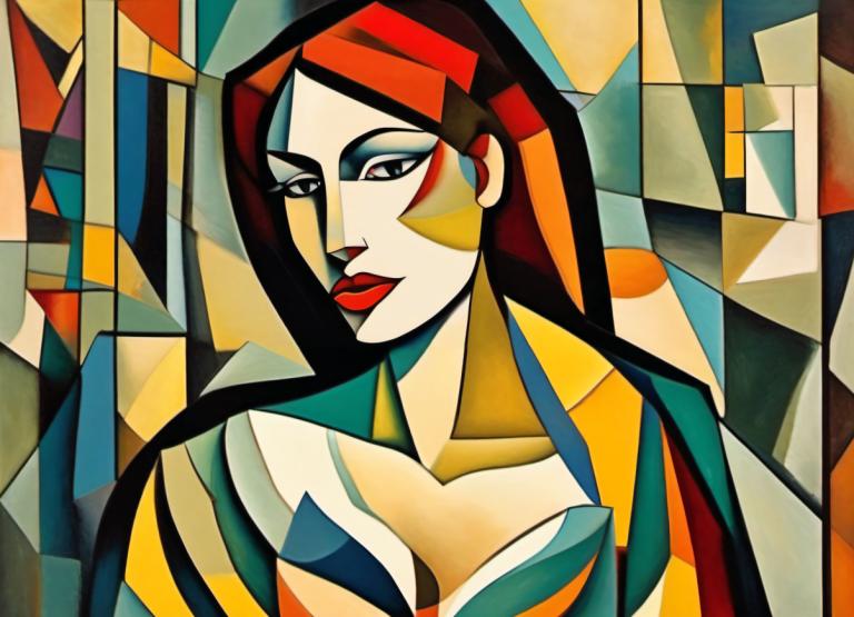 Cubism,Cubism, People, woman, 1girl, solo, makeup, long hair, lipstick, breasts, cleavage, black hair