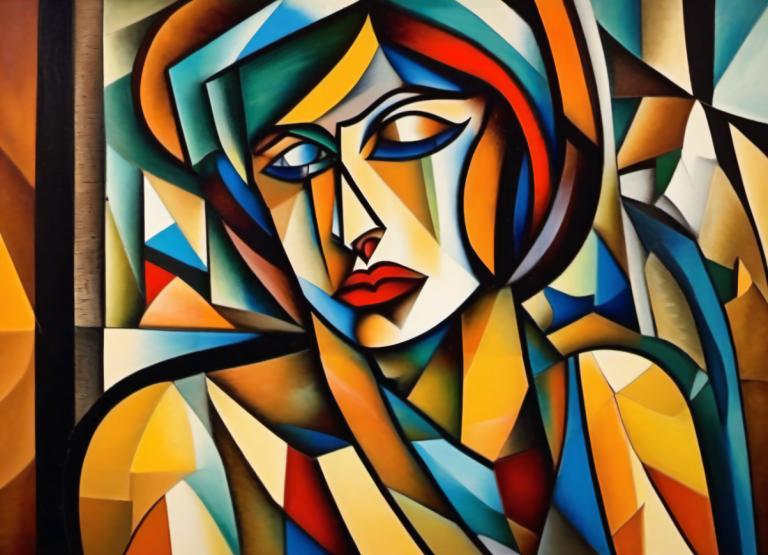 Cubism,Cubism, People, woman, solo, style parody, robot, parody, blue eyes, traditional media, no humans