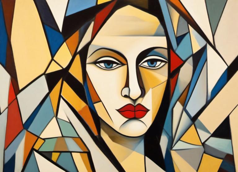 Cubism,Cubism, People, woman, solo, blue eyes, male focus, 1boy, looking at viewer, makeup, official style