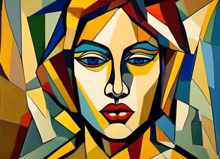 Cubism,Cubism, People, woman, mecha, robot, no humans, solo, blue eyes, makeup, lipstick, red lips