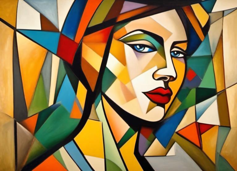 Cubism,Cubism, People, woman, solo, blue eyes, facepaint, makeup, clown, lipstick, looking at viewer