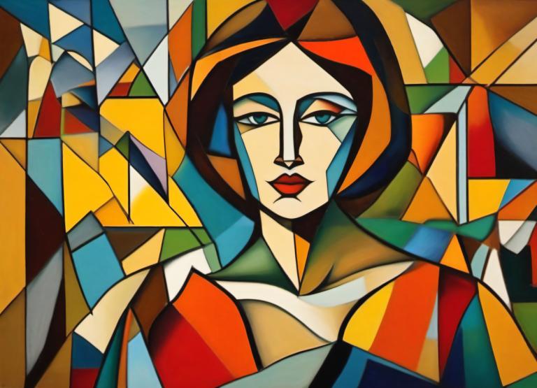 Cubism,Cubism, People, woman, solo, makeup, looking at viewer, 1girl, colorful, clown, upper body, blue eyes