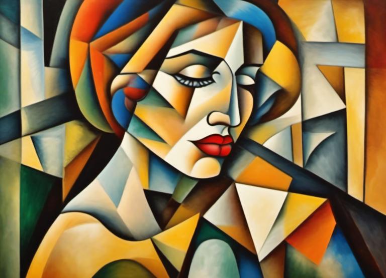 Cubism,Cubism, People, woman, solo, closed eyes, makeup, no humans, official style, traditional media