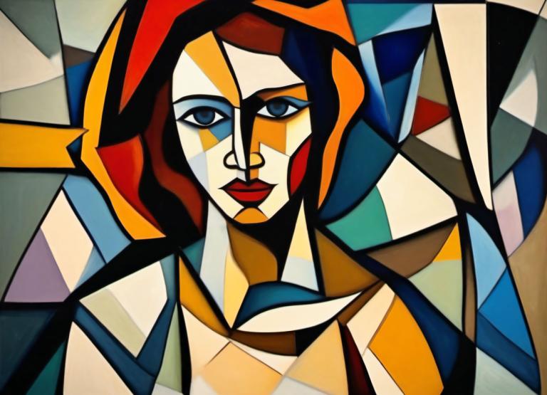 Cubism,Cubism, People, woman, solo, clown, male focus, looking at viewer, makeup, blue eyes, official style