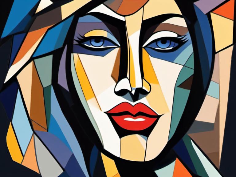 Cubism,Cubism, People, woman, blue eyes, mecha, robot, solo, 1girl, red lips, lipstick, makeup, no humans