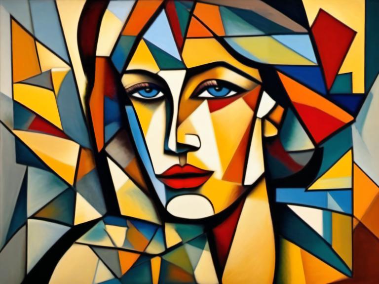 Cubism,Cubism, People, woman, solo, blue eyes, male focus, looking at viewer, 1boy, makeup, clown, lipstick