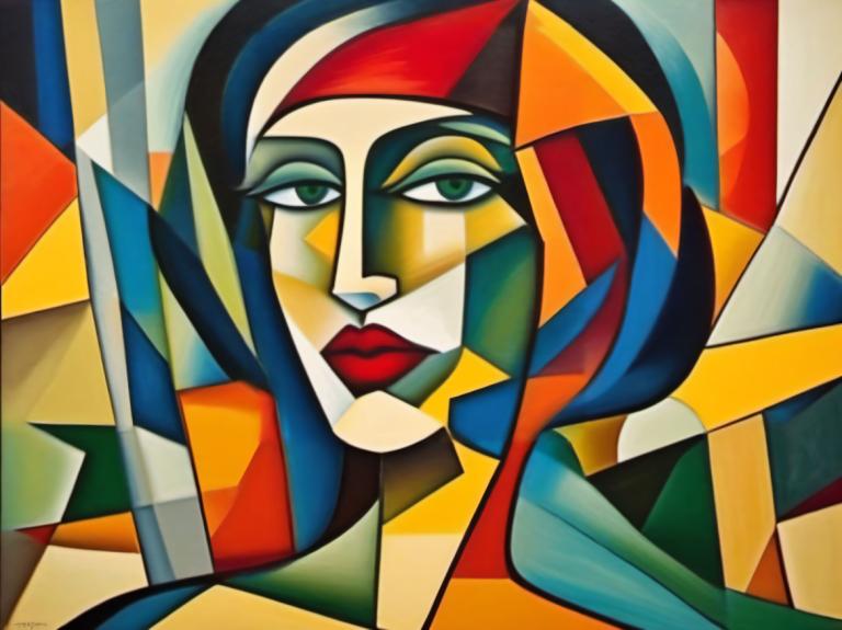 Cubism,Cubism, People, woman, solo, clown, makeup, green eyes, looking at viewer, lipstick