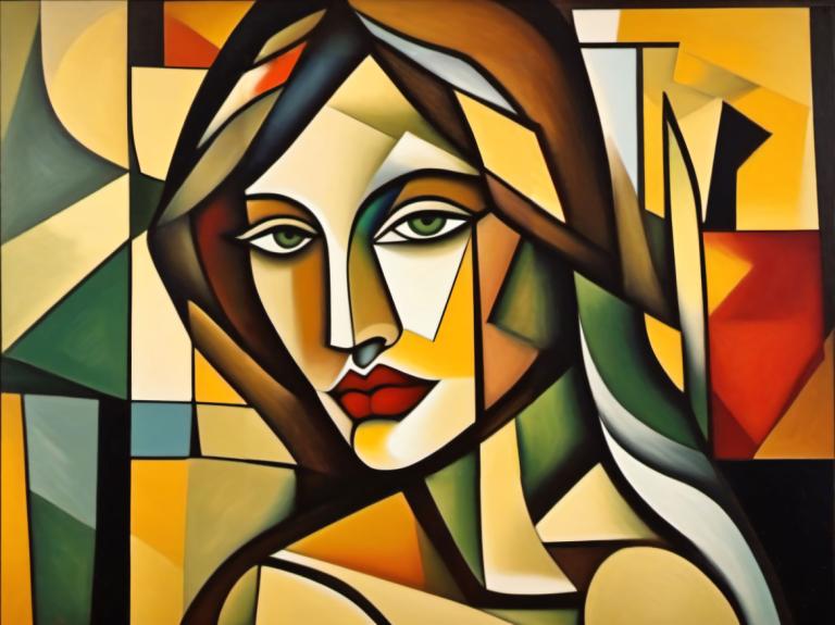 Cubism,Cubism, People, woman, solo, green eyes, makeup, parody, looking at viewer, style parody, lipstick