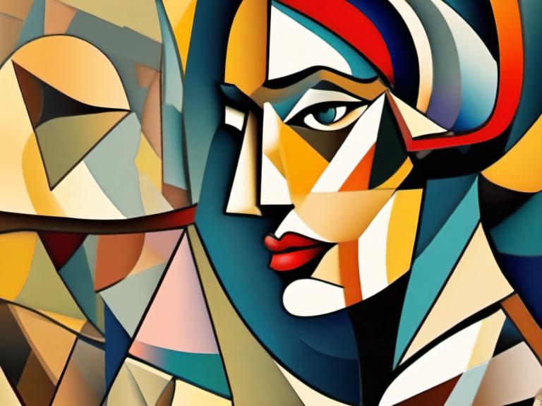 Cubism,Cubism, People, woman, solo, makeup, no humans, blue eyes, lipstick, robot, style parody