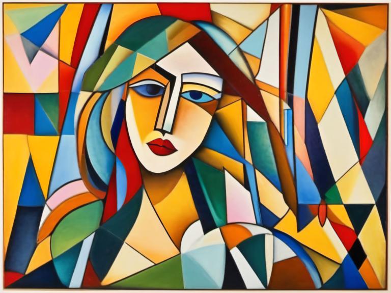 Cubism,Cubism, People, woman, solo, no humans, colorful, red lips, lipstick, makeup, looking at viewer