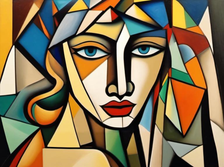 Cubism,Cubism, People, woman, solo, blue eyes, 1boy, male focus, makeup, lipstick, looking at viewer