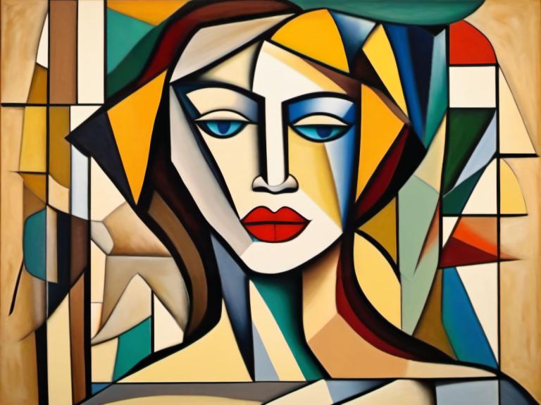 Cubism,Cubism, People, woman, solo, blue eyes, makeup, parody, style parody, lipstick, stained glass