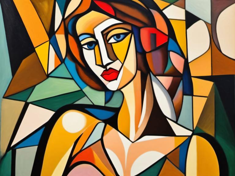 Cubism,Cubism, People, woman, solo, 1girl, blue eyes, robot, mecha, upper body, looking at viewer, makeup