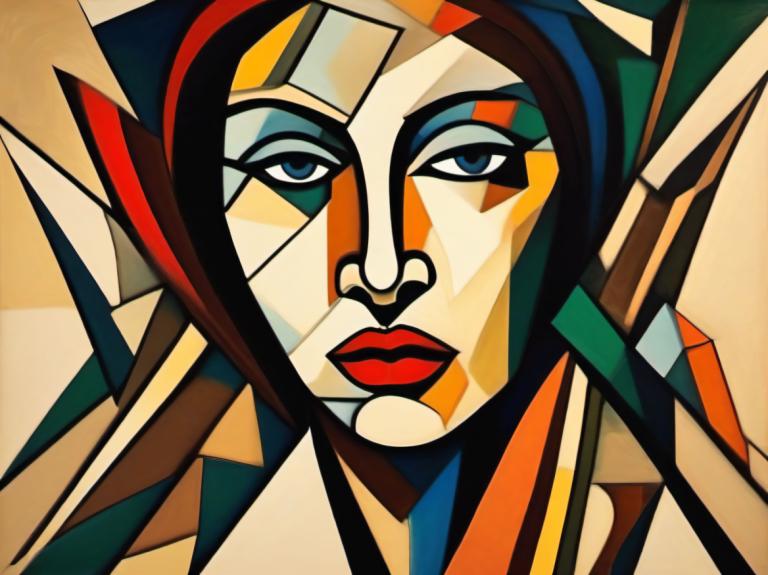 Cubism,Cubism, People, woman, solo, style parody, makeup, parody, blue eyes, no humans, looking at viewer