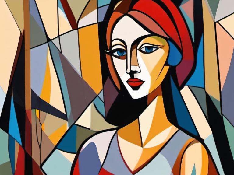 Cubism,Cubism, People, woman, 1girl, solo, blue eyes, red lips, makeup, lipstick, upper body