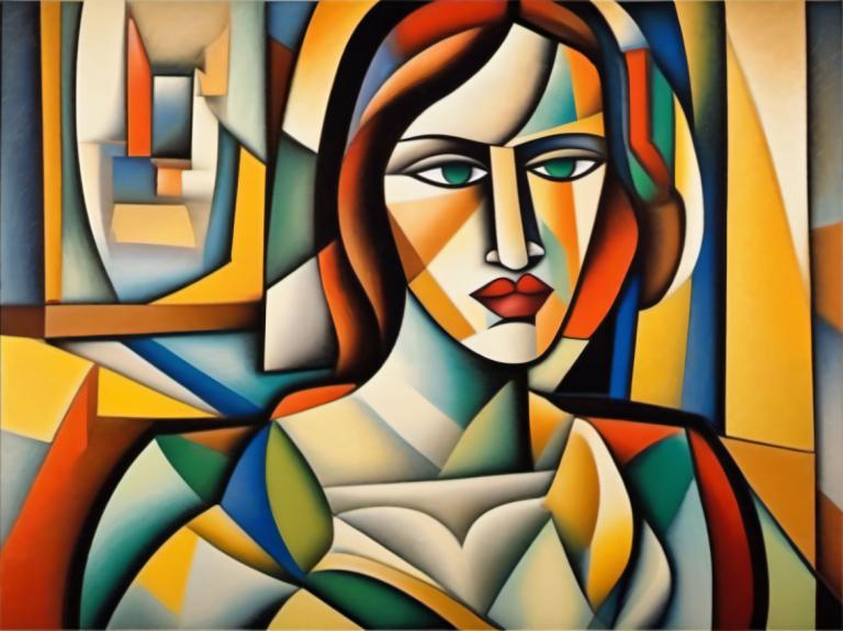 Cubism,Cubism, People, woman, solo, green eyes, looking at viewer, brown hair, collarbone, upper body, parody