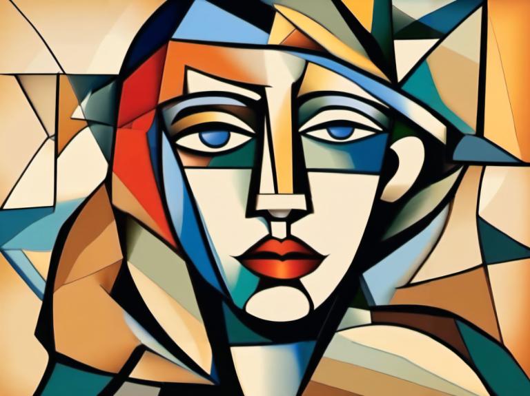 Cubism,Cubism, People, woman, solo, style parody, blue eyes, no humans, parody, mecha, robot, lipstick