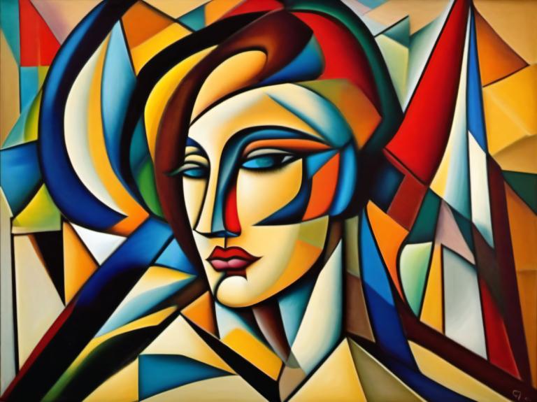 Cubism,Cubism, People, woman, solo, blue eyes, makeup, colorful, 1girl, clown, looking at viewer, lipstick