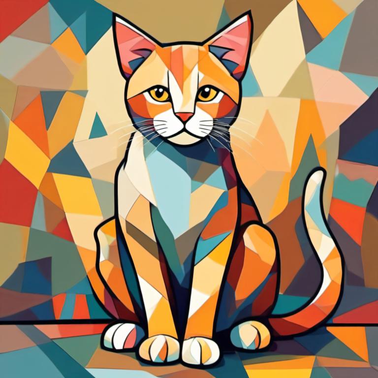 Cubism,Cubism, Animal, cat, no humans, cat, animal focus, sitting, solo, looking at viewer, full body