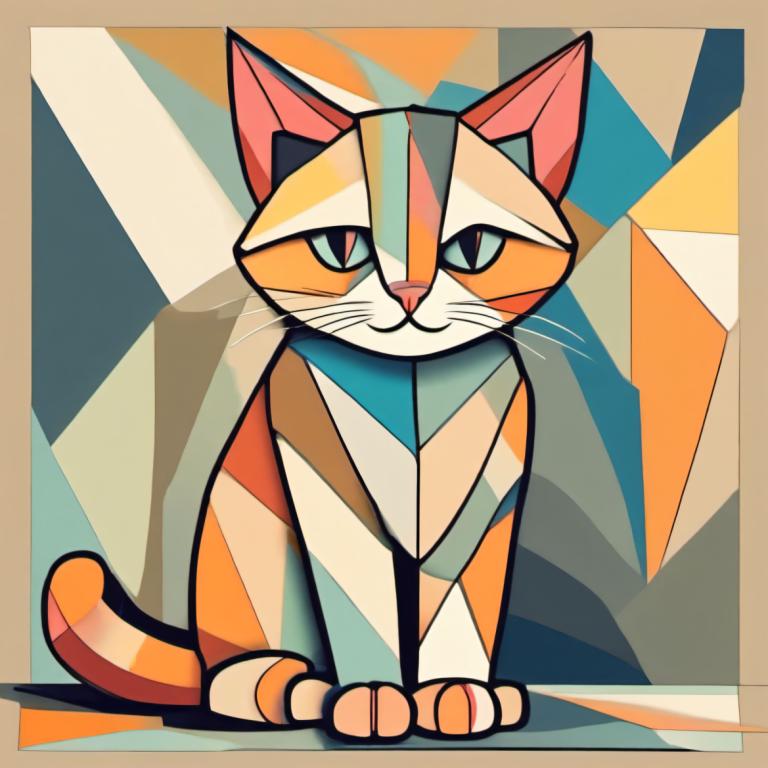 Cubism,Cubism, Animal, cat, no humans, solo, cat, looking at viewer, full body, animal focus, smile, sitting