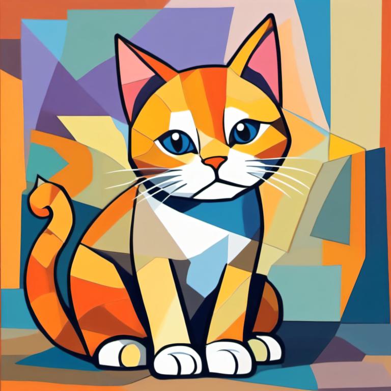 Cubism,Cubism, Animal, cat, no humans, cat, solo, blue eyes, sitting, looking at viewer, full body