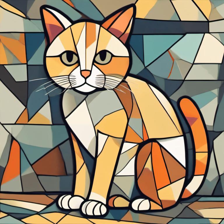 Cubismo,Cubismo, Animal, gato, no humanos, solo, gato, mirando al espectador, cuerpo completo, enfoque animal