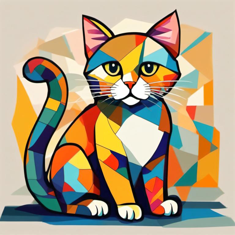 Cubism,Cubism, Animal, cat, no humans, solo, cat, sitting, animal focus, full body, looking at viewer