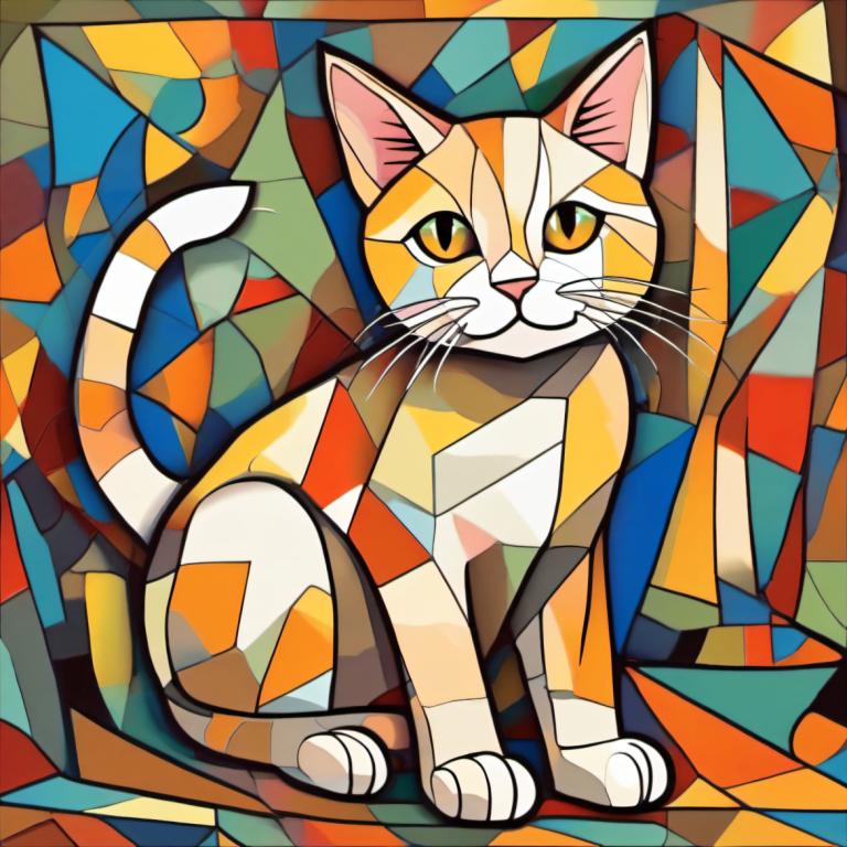 Cubism,Cubism, Animal, cat, no humans, cat, animal focus, sitting, solo, looking at viewer, whiskers